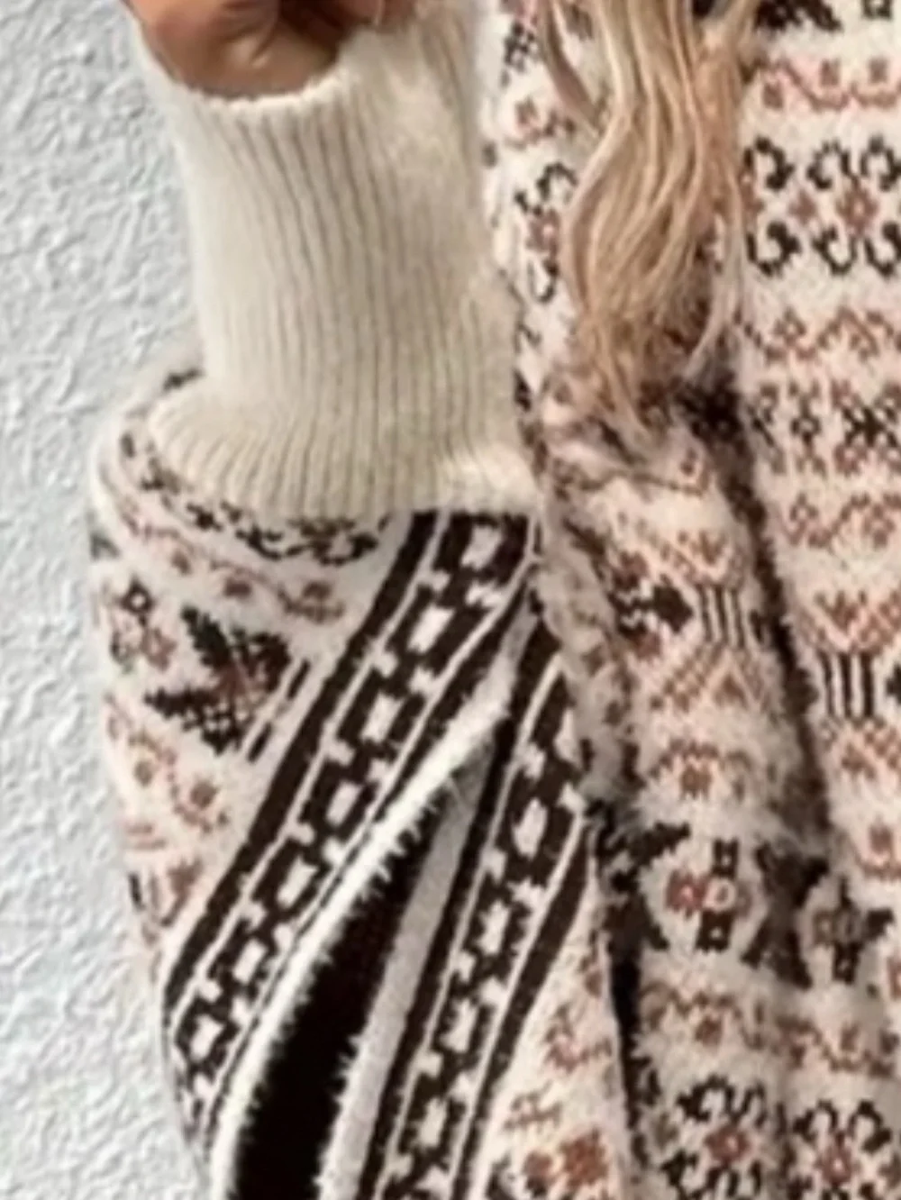 Cream Brown Fair Isle Fringe Cardigan Poncho Sweater L NEW